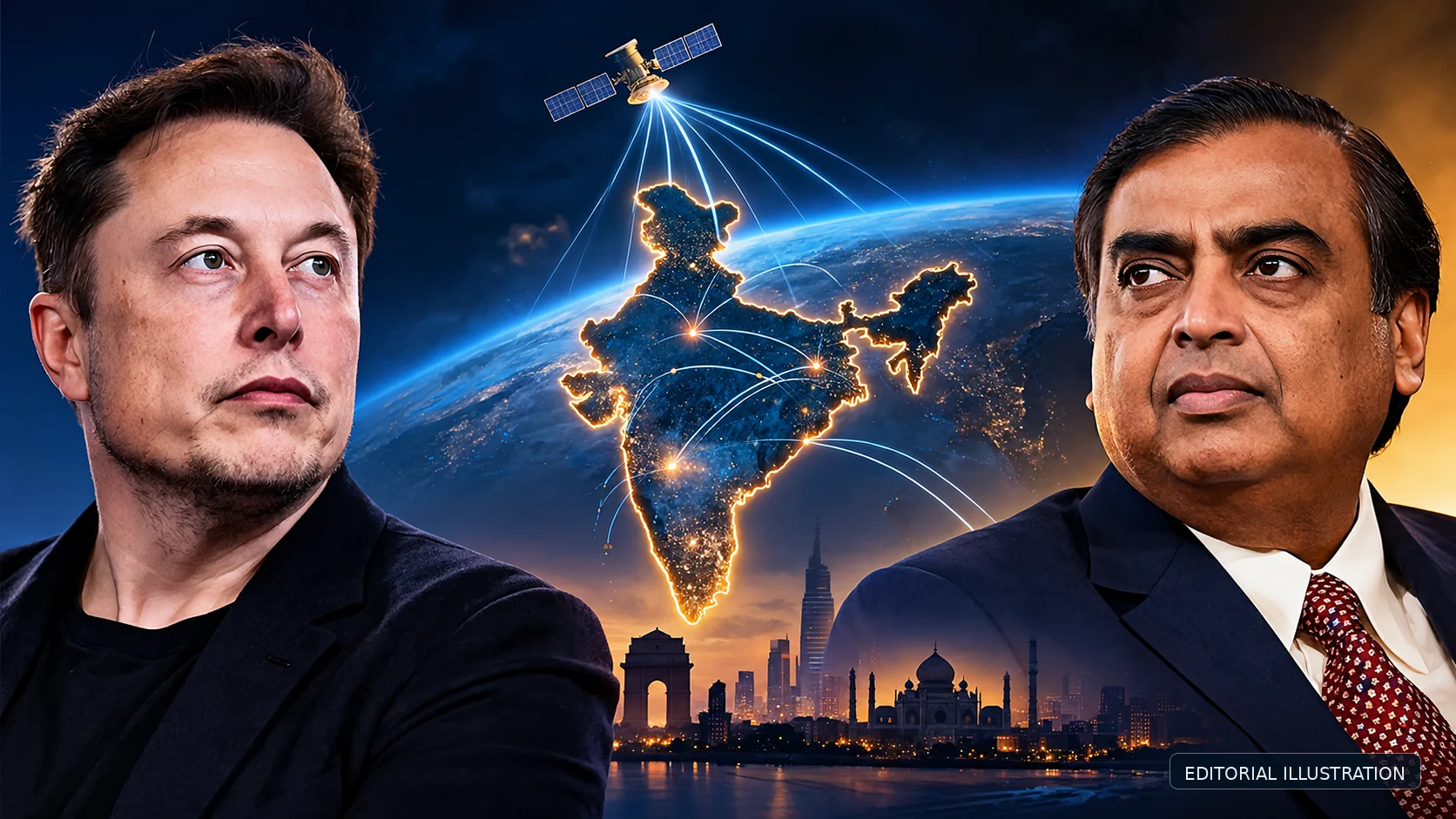 Editorial illustration of Elon Musk and Mukesh Ambani against a satellite-linked map of India
