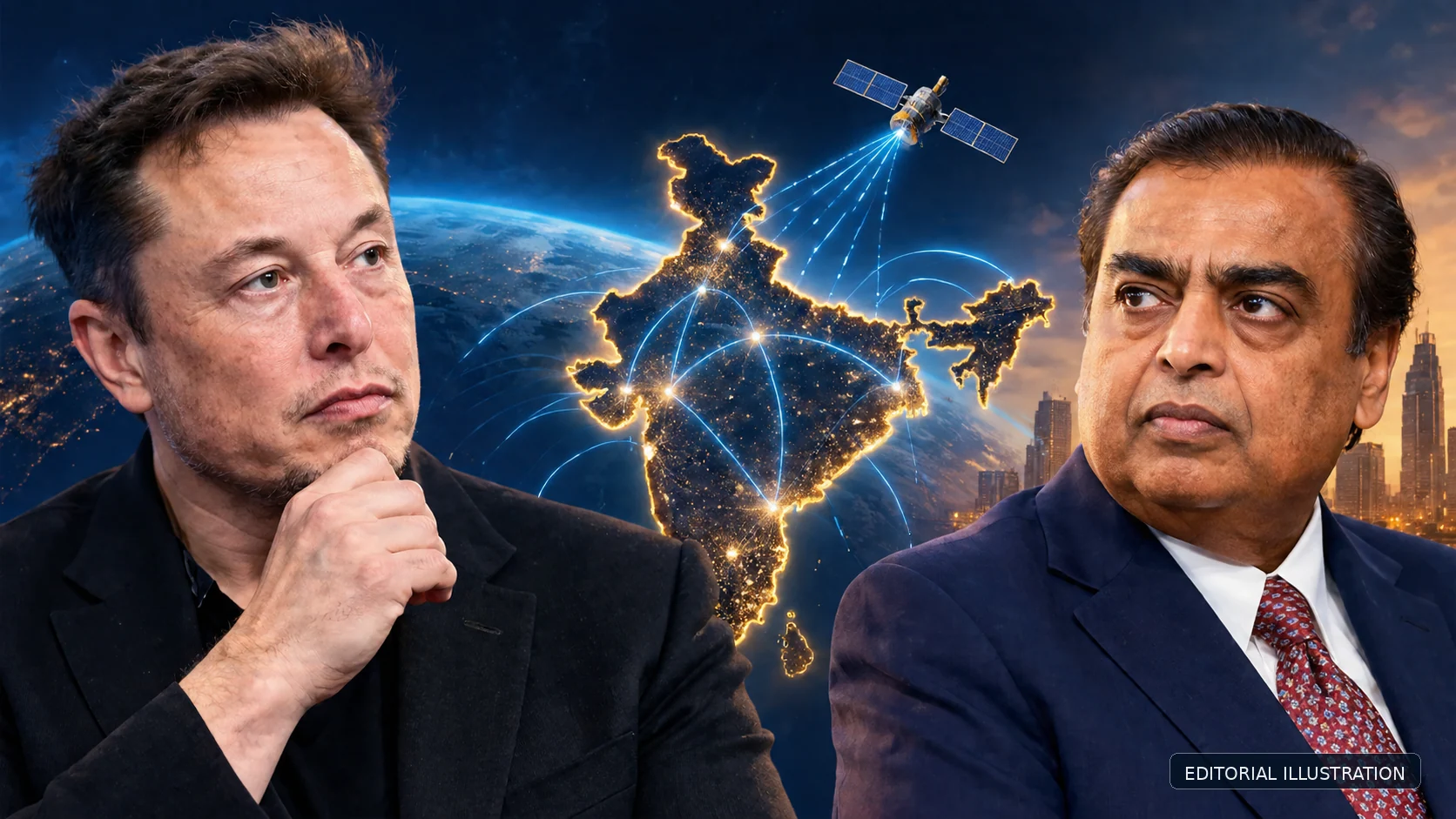 Editorial illustration showing Elon Musk and Mukesh Ambani with India satellite connectivity imagery